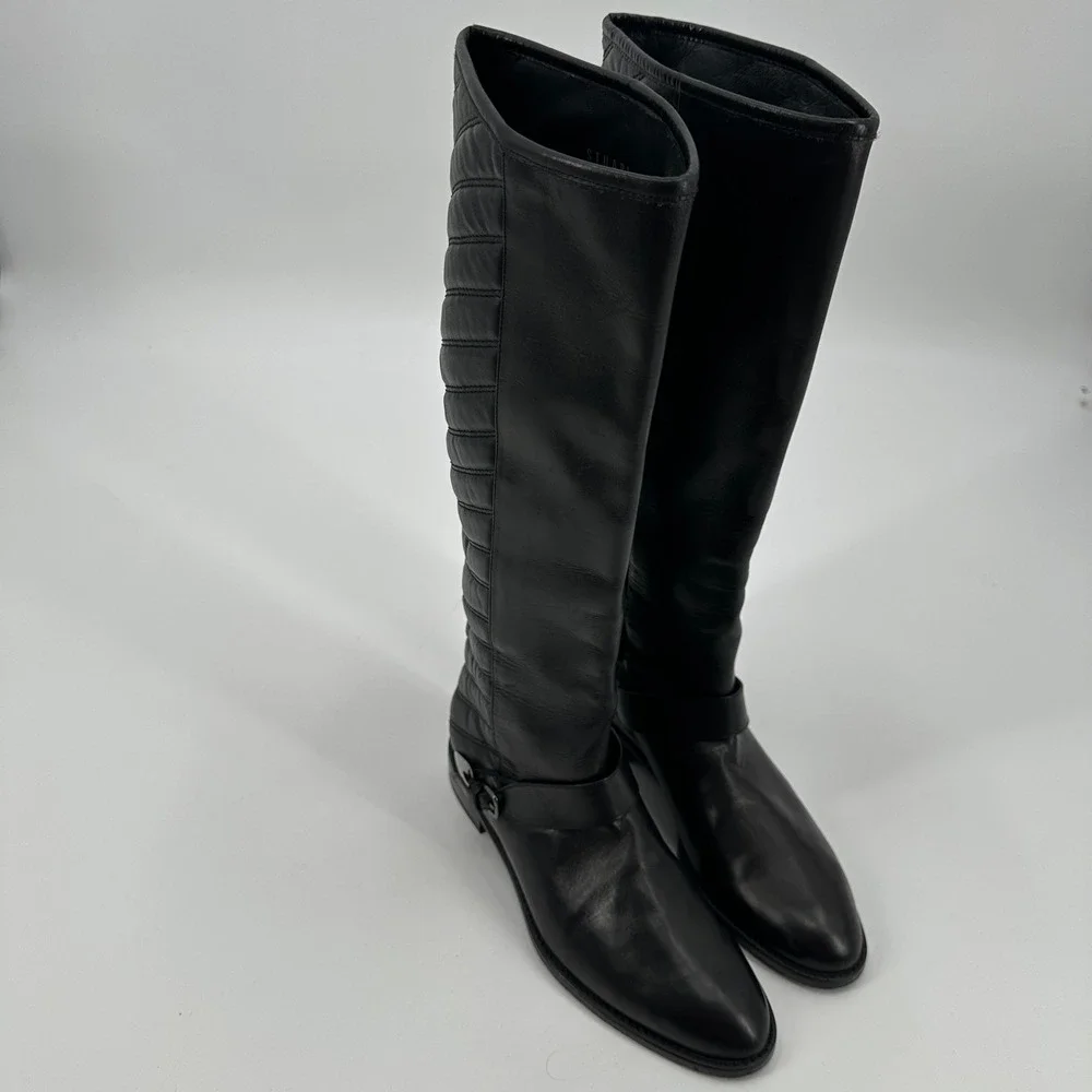 Stuart Weitzman Black Leather Knee High‎ Boots Raceway Quilted Side Buckle 6.5 M